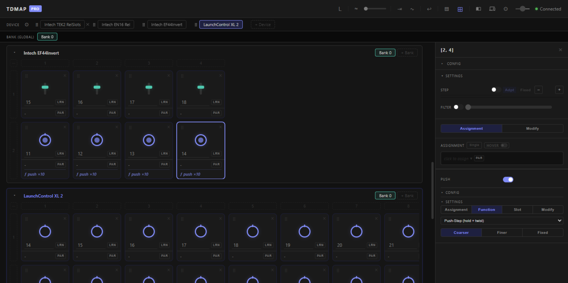 TDMap web UI — multi-device MIDI mapping grid with device tabs, banks, and slot inspector